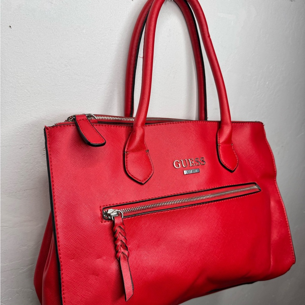 GUESS Red Saffiano Tote Bag with Leopard Print Lining: Christmas present, Xmas